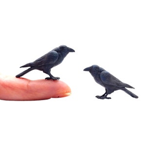 Miniature Raven - 1:12 scale mini black birds sized for horror diorama, dollhouse, arts and crafts replica animal avian crow (Set of 2)