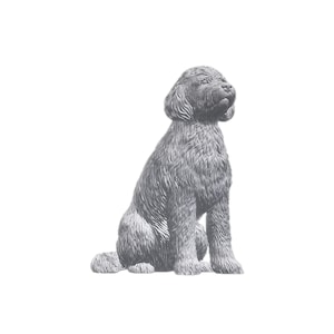 May include: A gray, seated dog sculpture with a fluffy coat and attentive expression. The dog is sitting upright, with its head tilted slightly upwards. The sculpture is detailed and realistic, perfect for home decor.