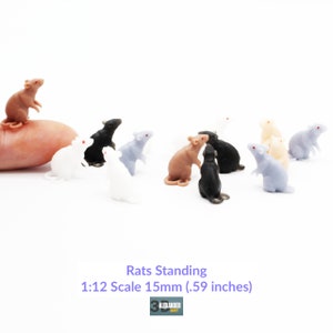 May include: A group of 12 miniature plastic rats in various colours, including white, black, brown, and grey, standing on a white surface. The rats are 15mm (0.59 inches) tall and are 1:12 scale.