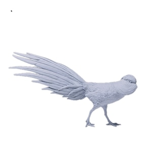 May include: A light blue sculpture of a bird with a long, flowing tail. The bird is depicted in a walking pose, with its head and body detailed with textured feathers. The sculpture is set against a plain white background.