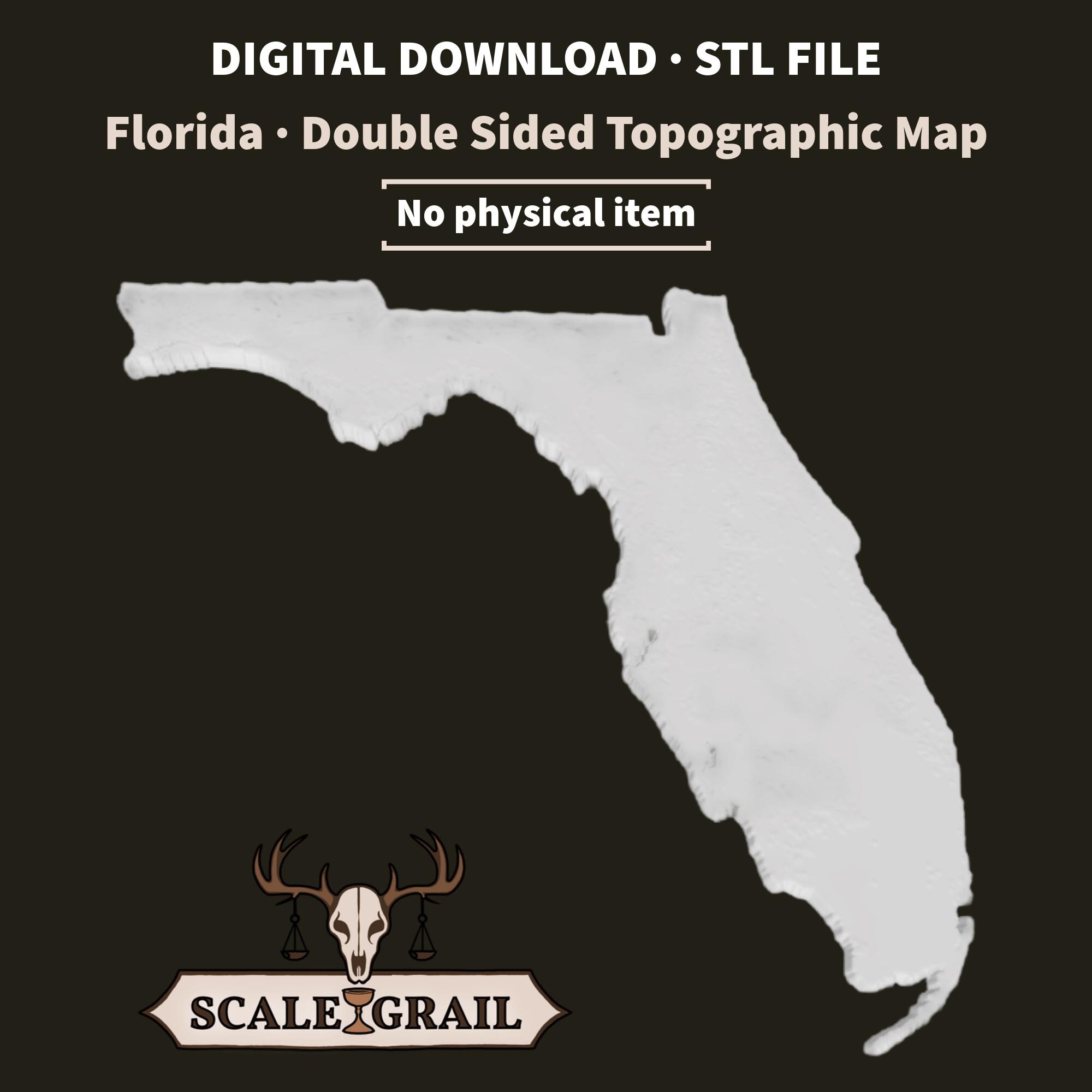 Florida Topographic Map STL File 12mm 3D Print Digital Download Terrain Relief Model