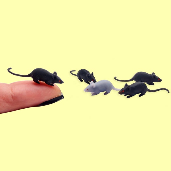 Miniature Rats - 1:12 scale miniature size for horror diorama, dollhouse, arts and crafts replica animal mouse black, gray, white (Set of 5)