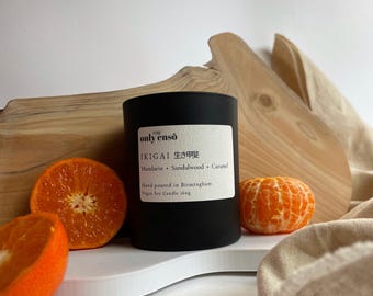 Ikigai Candle: Mandarin, Sandalwood and Caramel. Hand Poured Highly Scented Soy Wax Candle. Best Selling Fragrance.