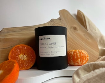 Ikigai Candle / Mandarin, Sandalwood and Caramel Candle. Hand poured Highly Scented Soy Wax Candle. Vegan Friendly. Aftershave Scented.