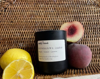 Konbanwa Candle / Peach, Lemon and Jasmine Scented Soy Wax Candle. Vegan Candle. Fruity Candle. Highly Scented Candle. Japanese Inspired.