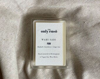 Wabi Sabi Wax Melts / Strawberry, Rhubarb and Ginger Scented Soy Wax Melts. 6 Wax Melts. Vegan. Hand poured Wax Melts. Fruity Snapbar.