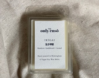 Ikigai Wax Melts / Mandarin, Sandalwood and Caramel Scented Soy Wax Melts. 6 Wax Melts. Aftershave Masculine Wax Melts. Vegan Friendly.