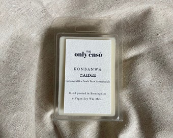 Konbanwa Wax Melts / Coconut Milk, Peach Tea and Honeysuckle Scented Soy Wax Melts. 6 Scented Wax Melts. Vegan Wax Melts. Fruity Snapbar.