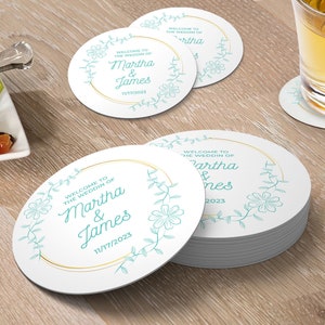 Custom Coasters, round paper coasters, add a special touch with our wedding coasters, shower coasters, personalized coasters