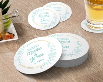Custom Coasters, round paper coasters, add a special touch with our wedding coasters, shower coasters, personalized coasters