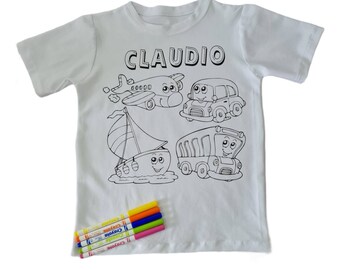 Kids Personalise Vehicles Tshirt, Boys Tshirt, Girls Tshirt, Colour on a T-shirt for kids