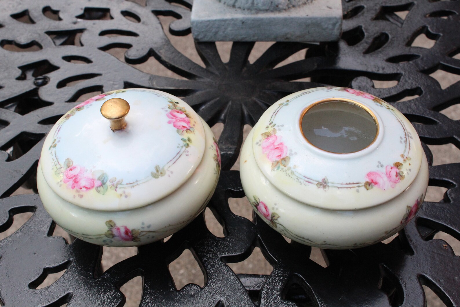 Antique Hand Painted Porcelain Hair Receiver Set of 2 Made in France Etsy