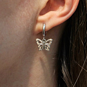 Butterfly Huggie Hoops, Butterfly Hoop Earrings, Dainty Butterfly Dangle Earrings, Silver Butterfly Earrings