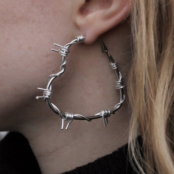 Handmade Silver Barbed Wire Heart Earrings, 90s Earrings, Silver Hoop Earrings, Barbed Wire Jewelry, Heart-shaped barb earrings