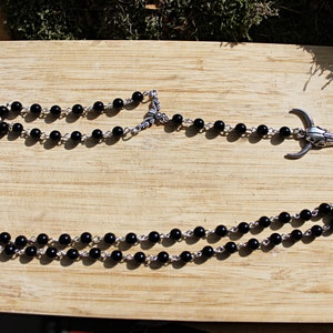 Black Onyx Gemstone Rosary, Black Goth Rosary, Ox Head Charm Necklace, Long Black Bead Rosary