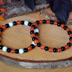 Perlen Edelstein Armband Set | Schwarzer Onyx, weißer Matter Onyx, oranges Katzenauge