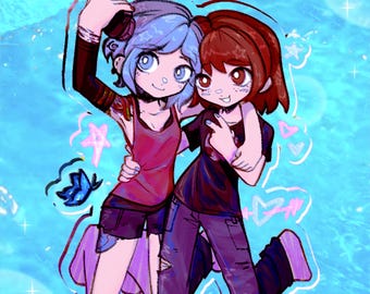May include: A digital illustration of two cartoon characters with stylized features. One character has blue hair and a red tank top, while the other has brown hair and a black t-shirt. They are embracing, surrounded by small hand-drawn stars and hearts.