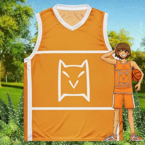 May include: Orange basketball vest with white trim and a white stylized animal face graphic. The vest has a V-neck collar. The image also shows matching orange basketball shorts and a cartoon character holding a basketball.