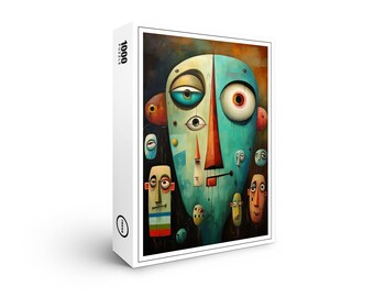 Op de afbeelding: Een puzzel van 1000 stukjes met een abstract schilderij van een blauw gezicht met meerdere ogen en een rode neus. Het gezicht wordt omringd door kleinere gezichten in verschillende kleuren.