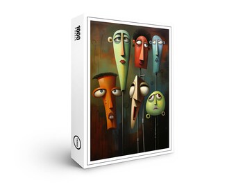 Op de afbeelding: Een 1000-delige puzzel met een abstract schilderij van vijf kleurrijke gezichten met verschillende uitdrukkingen. De gezichten zijn gestileerd en hebben overdreven kenmerken.