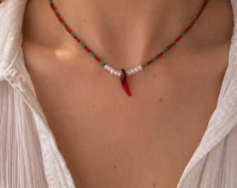 Handmade beaded necklace – red/green with chili pendant, delicate Italian horn necklace, talisman necklace, protective necklace, cornicello