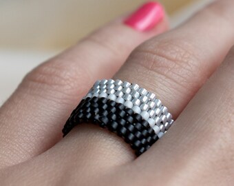 Black ring, Gray ring, Beaded ring, Miyuki ring,