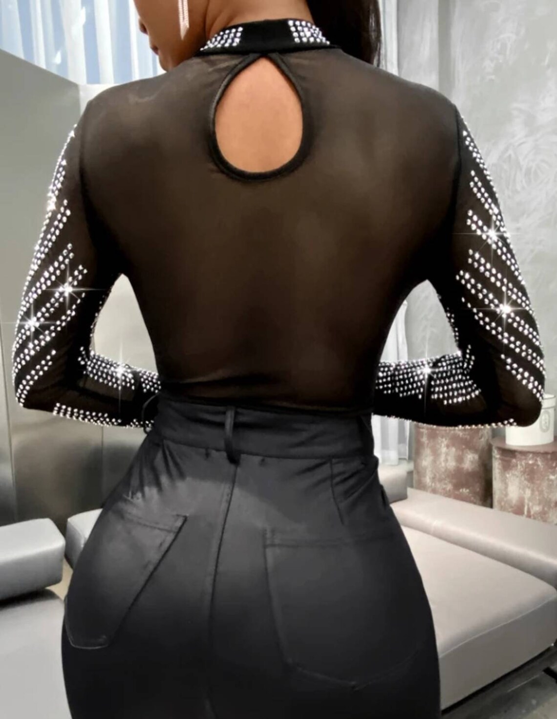 Women sexy mesh Bodysuit Rhinestone bodysuitGlitter long Etsy