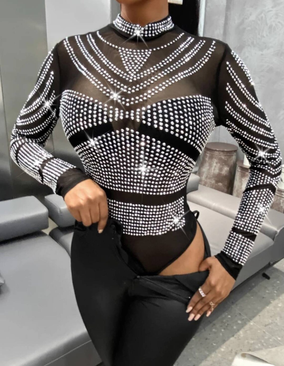 Rhinestone Crotchless Mesh Bodysuit – Full Length Black