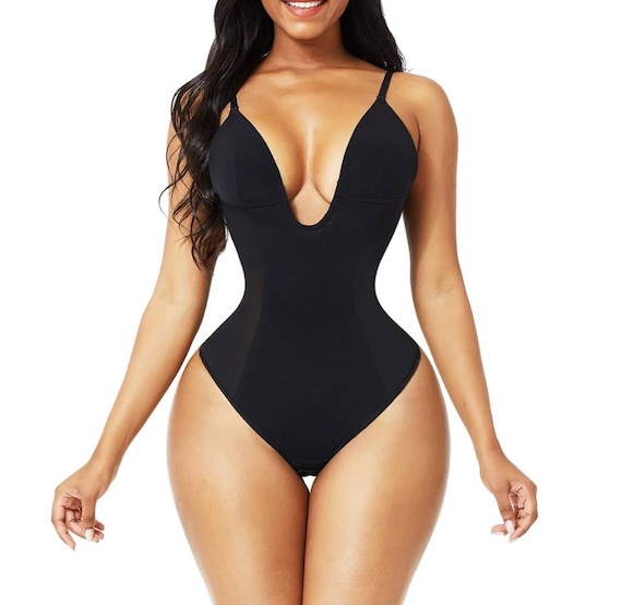 Women Backless Body Shaper Thong Deep V Shapewear U Plunge Bra Slimming  Bodysuit