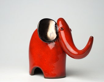 Ceramic red elephant  sculpture, unique handmade gift, minimalist animal figurine, exclusive decorative ring holder