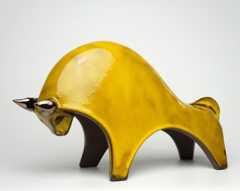 Large ceramic yellow bull sculpture, unique handmade gift, minimalist animal figurine, exclusive home décor