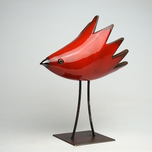 Red Ceramic Bird Sculpture: Handmade Modern Table Ornament
