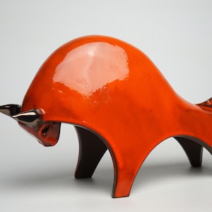 Orange Ceramic Bull Sculpture: Handmade Pottery Art, Minimalist Home Decor