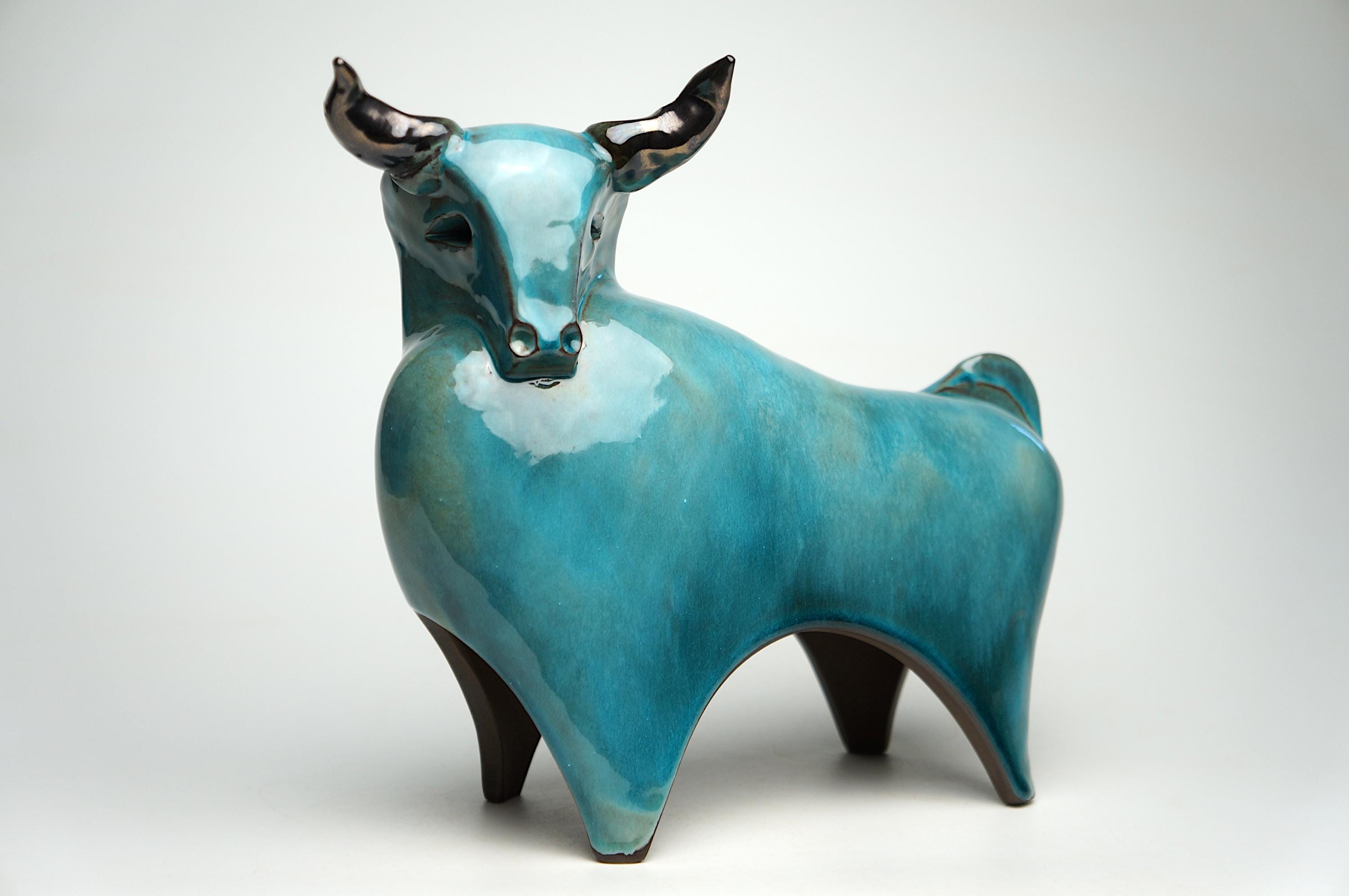 Ceramic sculpture, blue large bull ,unique handmade gift, minimalist animal figurine, Taurus, Fine office ornament, Wall Street Statue