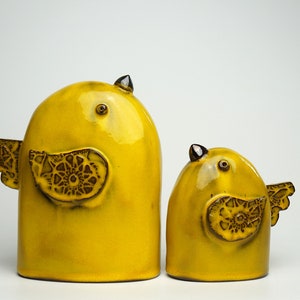 Handmade Ceramic Yellow Bird Figurines: Minimalist Home Decor, Set of 2