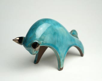 Ceramic blue bull sculpture, unique handmade gift, minimalist animal figurine, zodiac Taurus, Spanish decor gift