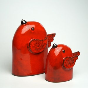 Red Ceramic Bird Figurines: Handmade Minimalist Home Decor