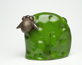 Ceramic cute green sheep, unique handmade gift, minimalist animal figurine, quirky home décor