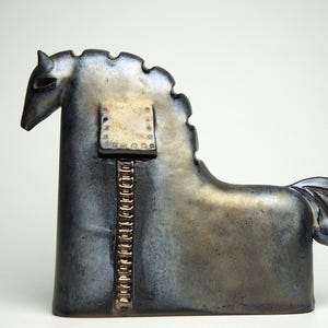 Ceramic sculpture, Trojan Horse, unique handmade gift, minimalist animal figurine, modern home decor, ceramic arts, office accent