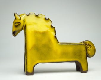 Handmade Ceramic Horse Sculpture, Yellow Glaze, Minimalist Animal Figurine, Modern Home Decor