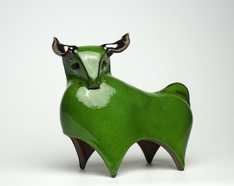 Ceramic green bull sculpture, exclusive hand made gift, minimalist animal figurine, unique home decor zodiac Taurus