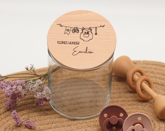 Regalo per la nascita del bambino - barattolo portaoggetti personalizzato con coperchio in legno in varie misure - "Stendibiancheria"