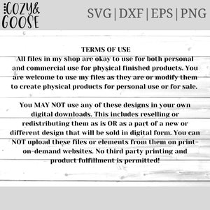 May include: Terms of use for digital downloads.  You may not use these designs in your own digital downloads. This includes reselling or redistributing them as is or as part of a new or different design that will be sold in digital form. You can not upload these files or elements from them on print-on-demand websites. No third party printing and product fulfillment is permitted.