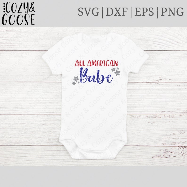 May include: White baby onesie with the text "All American Babe" in red, white, and blue with silver glitter stars.