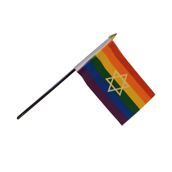 Star Of David Rainbow Pride LGBTQ 6" x 4" Hand waving Flag With Or Without Base