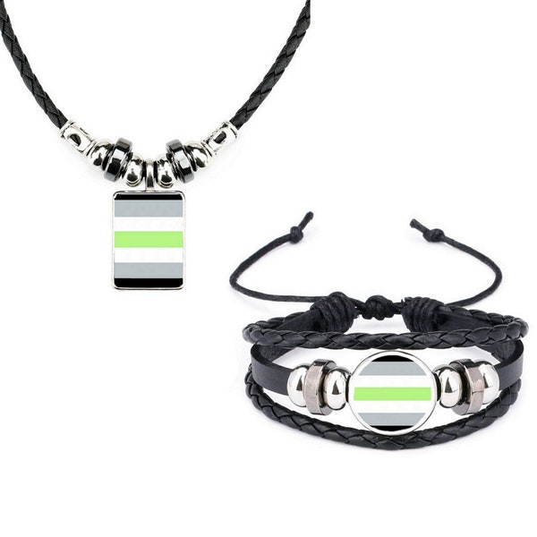 Ensemble de 2 bracelets en cuir noir Agender Pride et collier en corde souple et sac cadeau