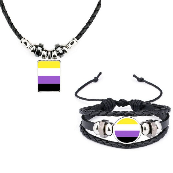 Lot de 2 bracelets en cuir noir arc-en-ciel non binaires LGBTQ Pride et collier en corde souple et sac cadeau