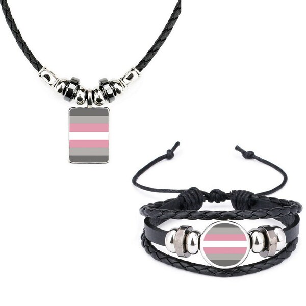 Lot de 2 bracelets en cuir noir Demi-Girl Rainbow LGBTQ Pride et collier en corde souple et sac cadeau