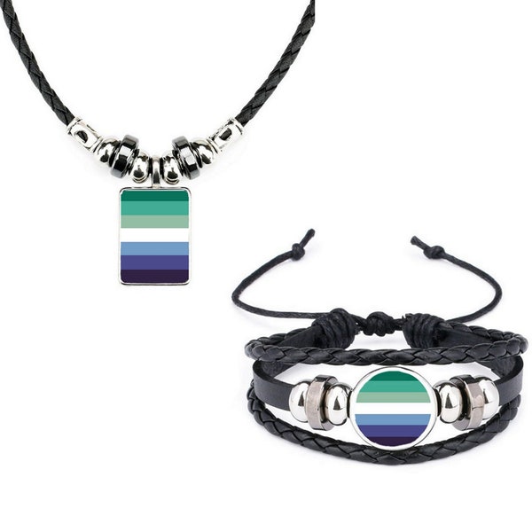 Lot de 2 bracelets en cuir noir Gay Male Rainbow LGBTQ Pride et collier en corde souple et sac cadeau