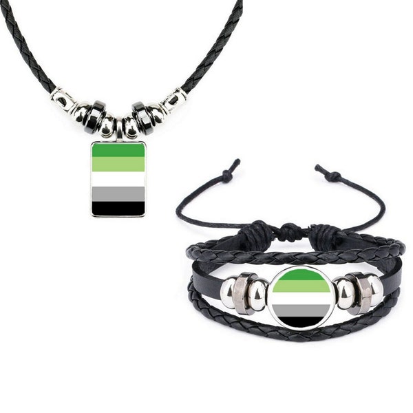 Lot de 2 bracelets en cuir noir Aromantic Pride et collier en corde souple et sac cadeau